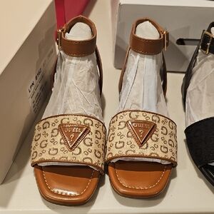 Guess Tan Leopard Print Ankle Strap Sandals